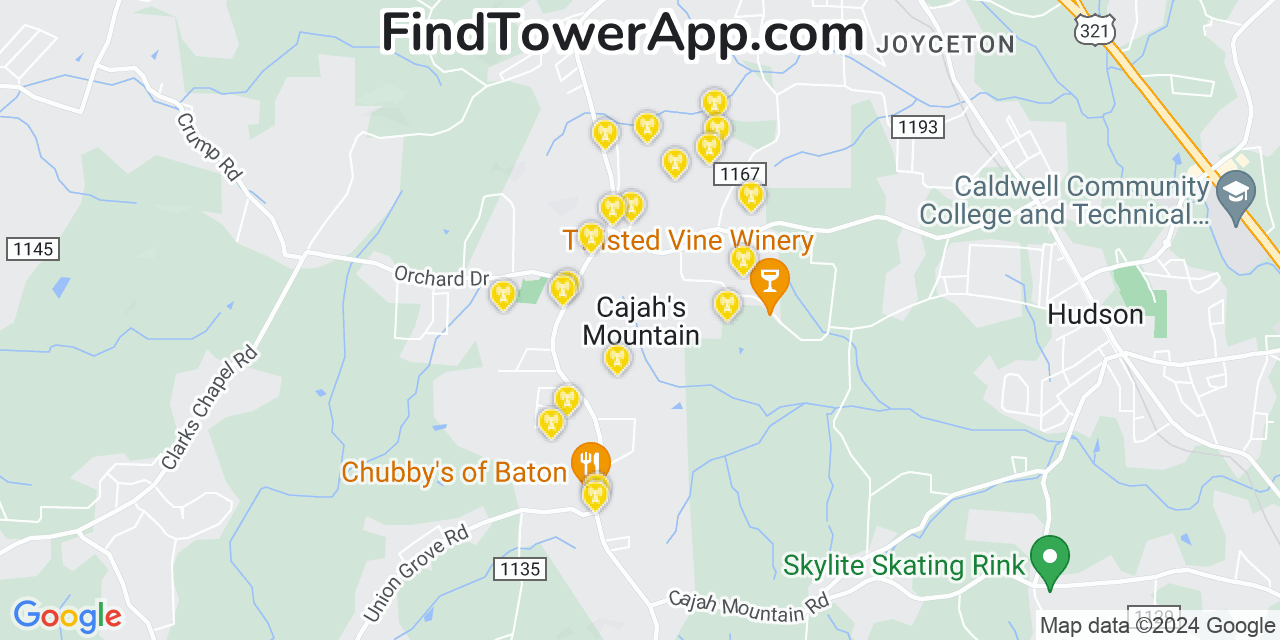 AT&T 4G/5G cell tower coverage map Cajahs Mountain, North Carolina