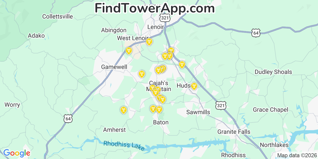 Map showing the 20 primary cell tower locations detected in Cajahs Mountain, North Carolina from AT&T, Verizon, and T-Mobile networks