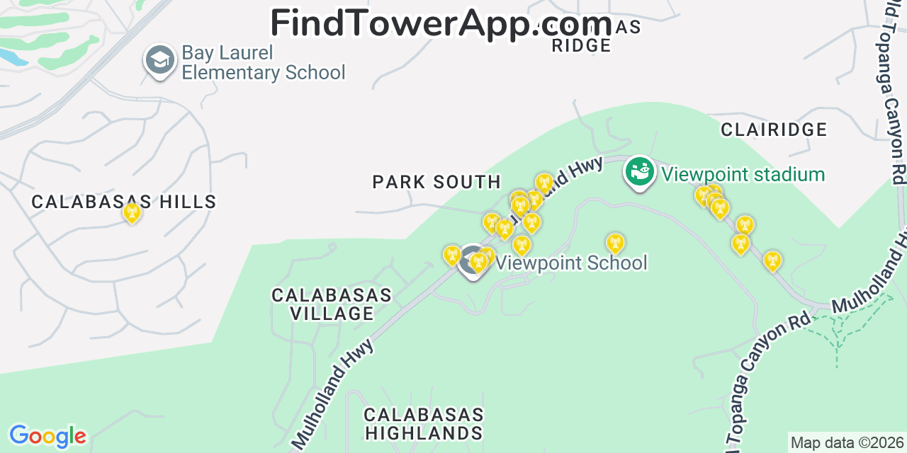 Map showing the 20 primary cell tower locations detected in Calabasas, California from AT&T, Verizon, and T-Mobile networks