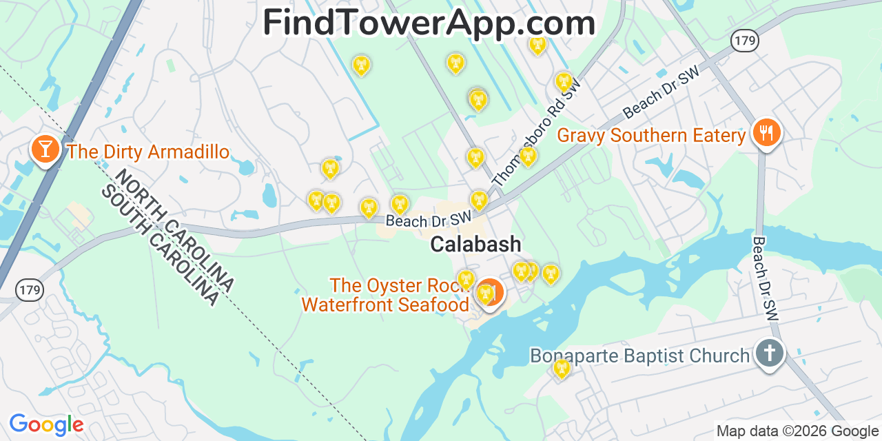 Map showing the 20 primary cell tower locations detected in Calabash, North Carolina from AT&T, Verizon, and T-Mobile networks