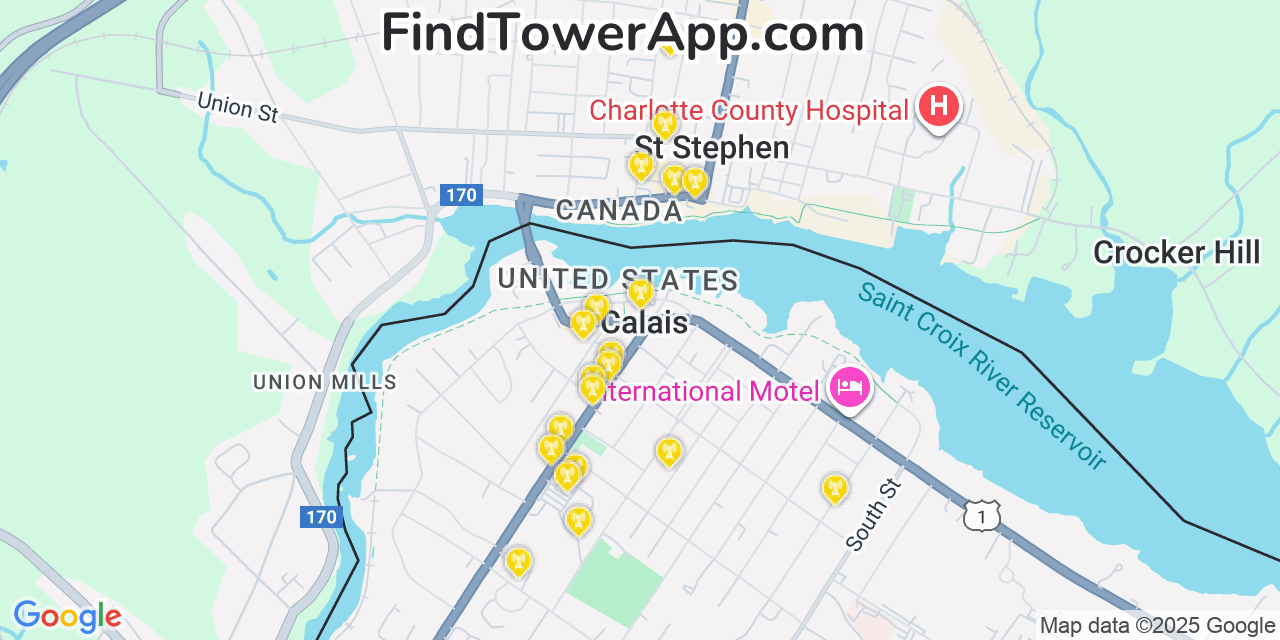 Map showing the 20 primary cell tower locations detected in Calais, Maine from AT&T, Verizon, and T-Mobile networks