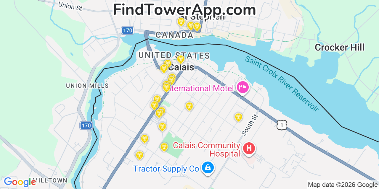 Map showing the 20 primary cell tower locations detected in Calais, Maine from AT&T, Verizon, and T-Mobile networks