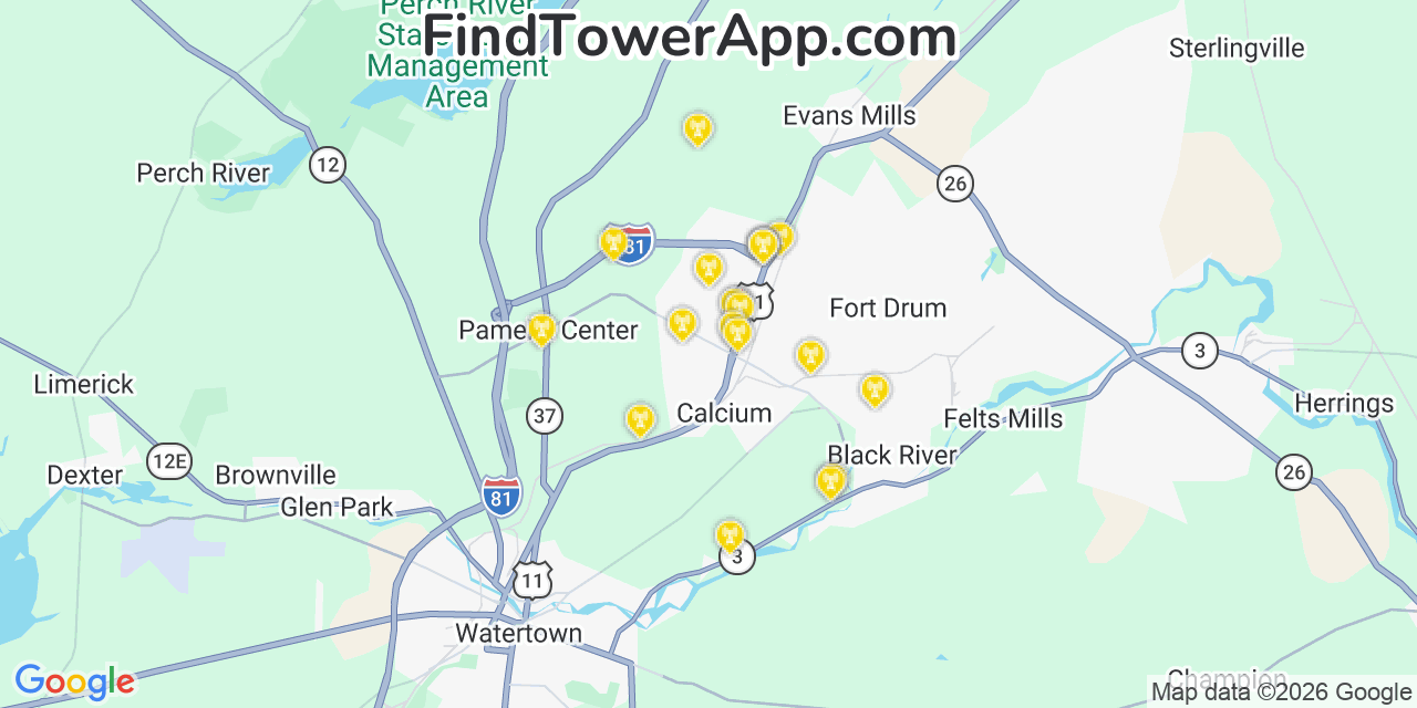 Map showing the 20 primary cell tower locations detected in Calcium, New York from AT&T, Verizon, and T-Mobile networks