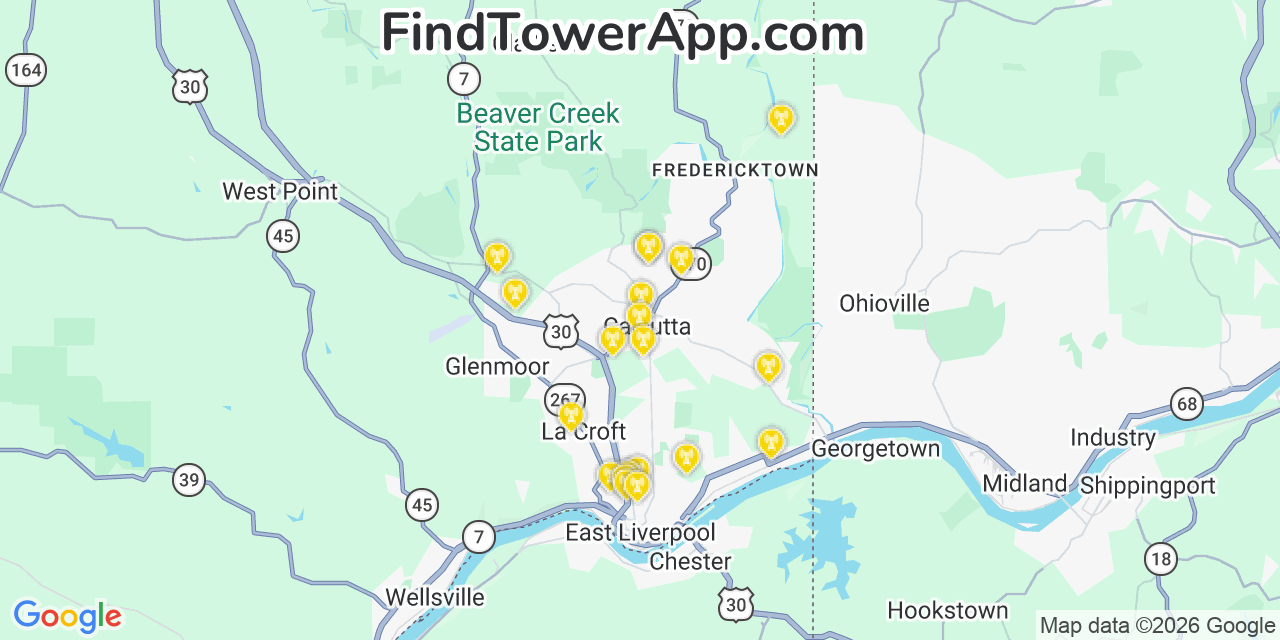 Map showing the 20 primary cell tower locations detected in Calcutta, Ohio from AT&T, Verizon, and T-Mobile networks