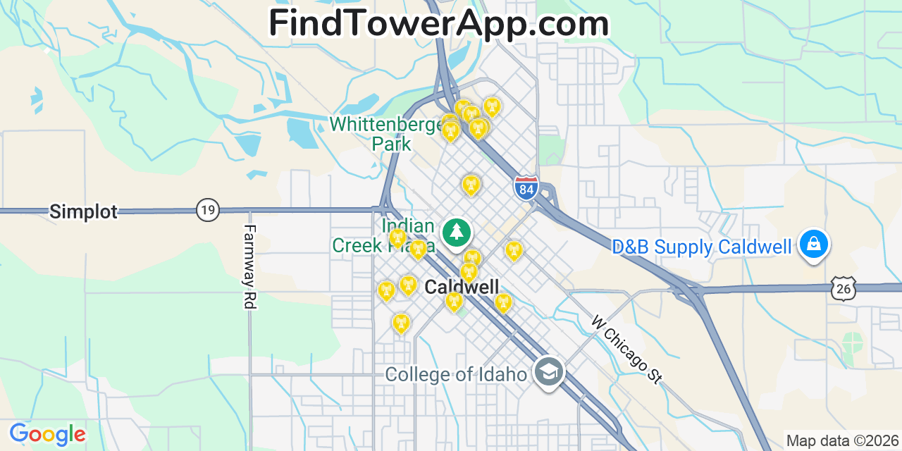 Map showing the 20 primary cell tower locations detected in Caldwell, Idaho from AT&T, Verizon, and T-Mobile networks