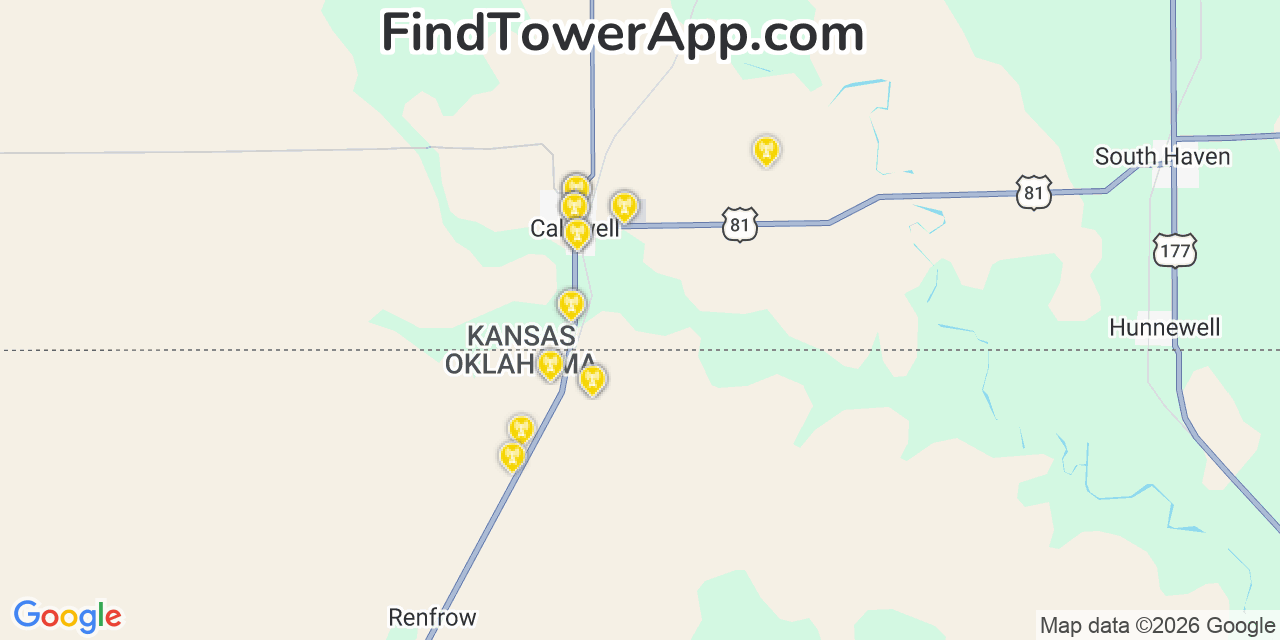 Map showing the 20 primary cell tower locations detected in Caldwell, Kansas from AT&T, Verizon, and T-Mobile networks