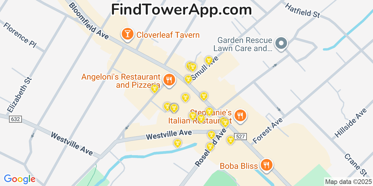 Map showing the 20 primary cell tower locations detected in Caldwell, New Jersey from AT&T, Verizon, and T-Mobile networks