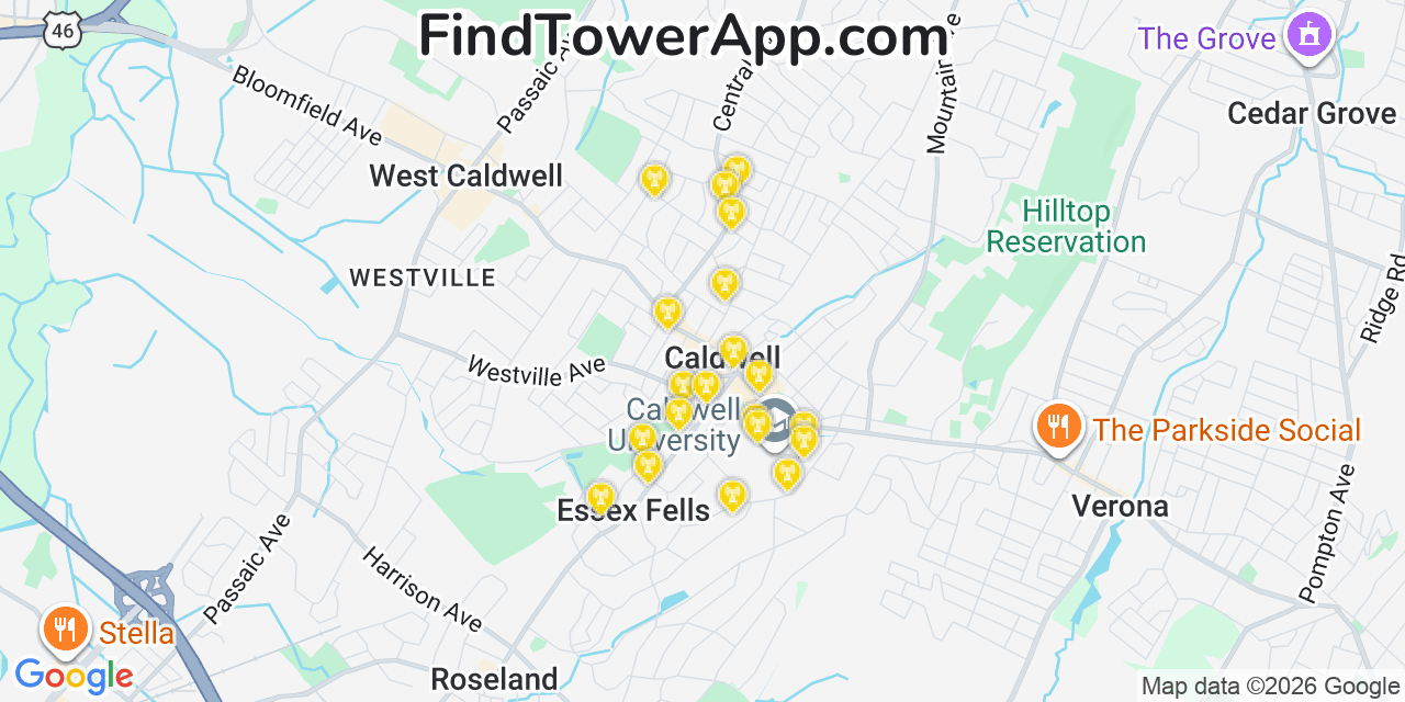 Map showing the 20 primary cell tower locations detected in Caldwell, New Jersey from AT&T, Verizon, and T-Mobile networks