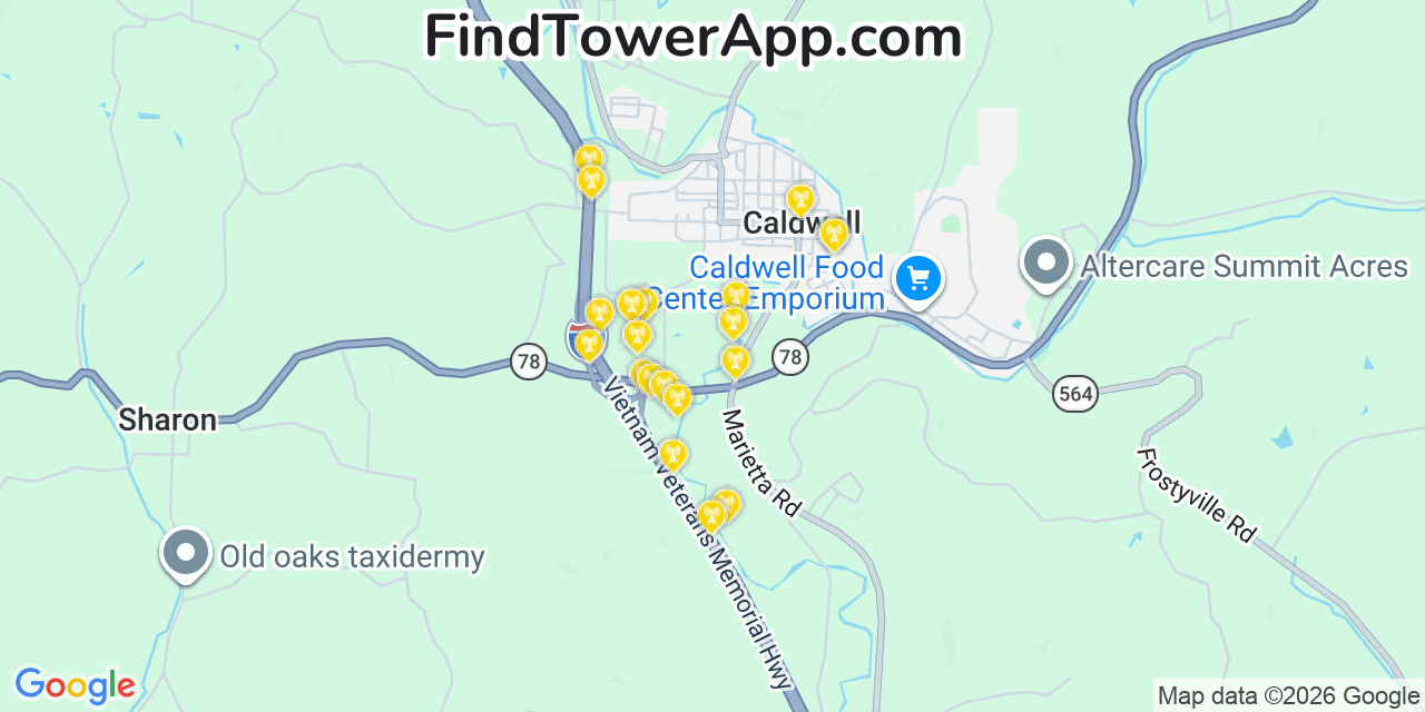 Map showing the 20 primary cell tower locations detected in Caldwell, Ohio from AT&T, Verizon, and T-Mobile networks
