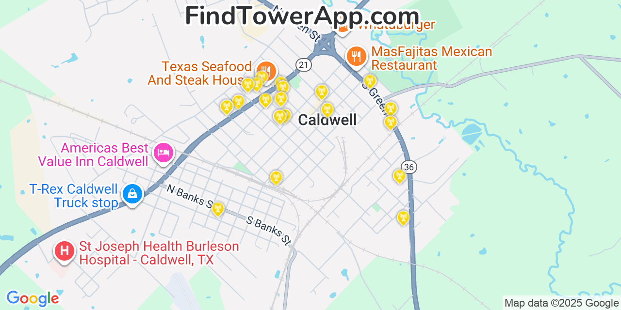 Map showing the 20 primary cell tower locations detected in Caldwell, Texas from AT&T, Verizon, and T-Mobile networks