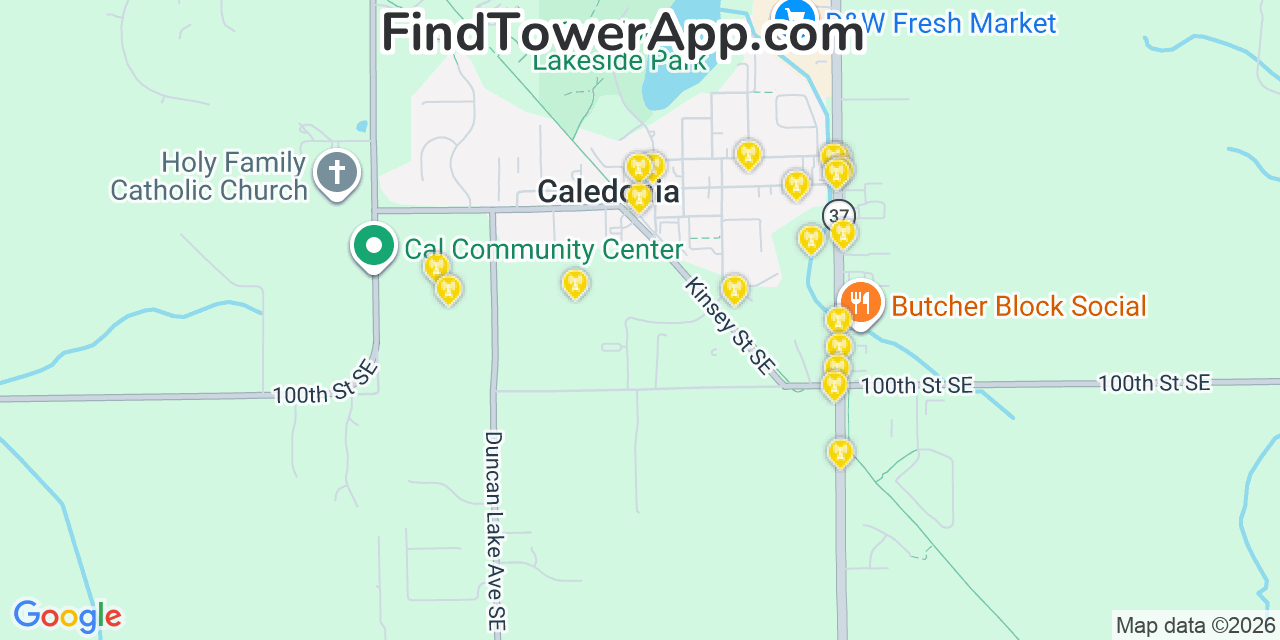 Map showing the 20 primary cell tower locations detected in Caledonia, Michigan from AT&T, Verizon, and T-Mobile networks