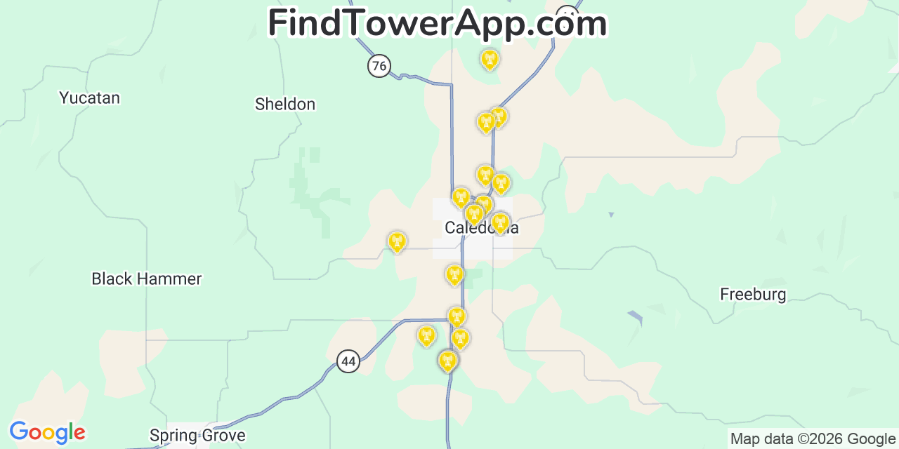 Map showing the 20 primary cell tower locations detected in Caledonia, Minnesota from AT&T, Verizon, and T-Mobile networks