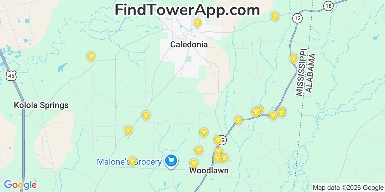 Map showing the 20 primary cell tower locations detected in Caledonia, Mississippi from AT&T, Verizon, and T-Mobile networks