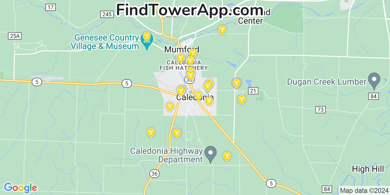 AT&T 4G/5G cell tower coverage map Caledonia, New York