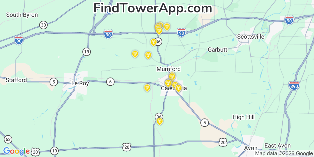 Map showing the 20 primary cell tower locations detected in Caledonia, New York from AT&T, Verizon, and T-Mobile networks