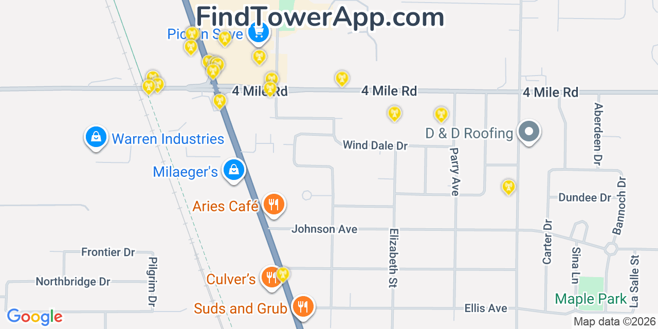 Map showing the 20 primary cell tower locations detected in Caledonia, Wisconsin from AT&T, Verizon, and T-Mobile networks