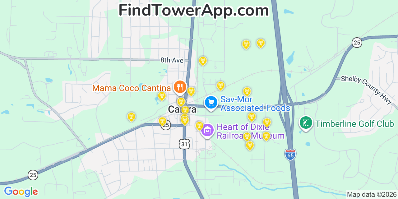 Map showing the 20 primary cell tower locations detected in Calera, Alabama from AT&T, Verizon, and T-Mobile networks