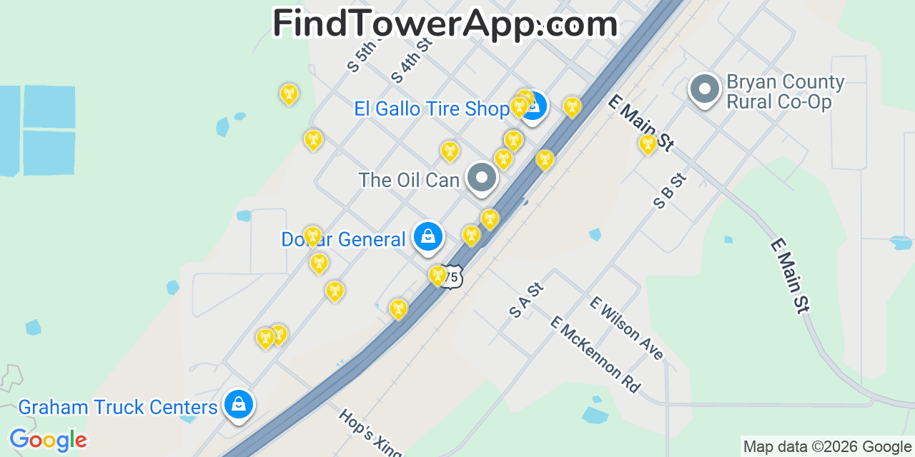 Map showing the 20 primary cell tower locations detected in Calera, Oklahoma from AT&T, Verizon, and T-Mobile networks