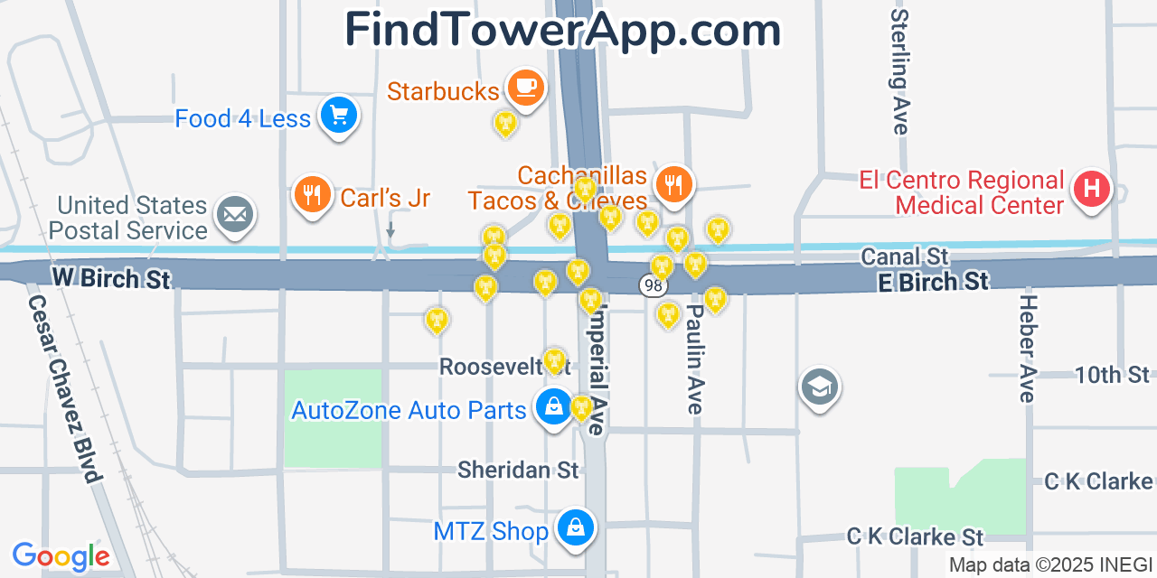 Map showing the 20 primary cell tower locations detected in Calexico, California from AT&T, Verizon, and T-Mobile networks