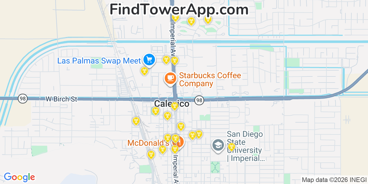 Map showing the 20 primary cell tower locations detected in Calexico, California from AT&T, Verizon, and T-Mobile networks