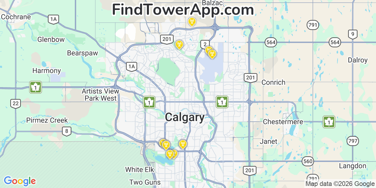 Map showing the 20 primary AT&T cell tower locations detected in Calgary, Canada0