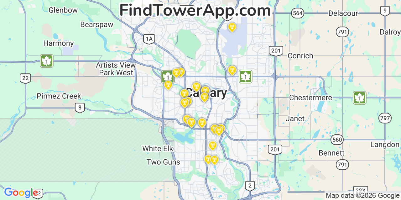 Map showing the 34 primary T-Mobile cell tower locations detected in Calgary, Canada0
