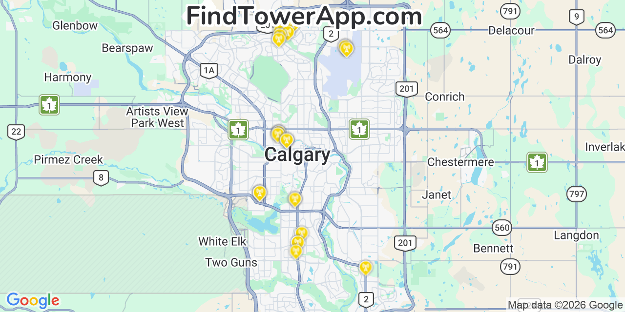 Map showing the 23 primary Verizon cell tower locations detected in Calgary, Canada0