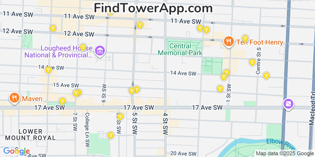 Map showing the 20 primary cell tower locations detected in Calgary, Canada with coverage areas and signal strength