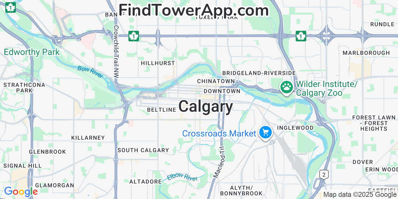 Map showing the 0 primary Public-Mobile cell tower locations detected in Calgary, Canada with coverage radius and signal strength indicators