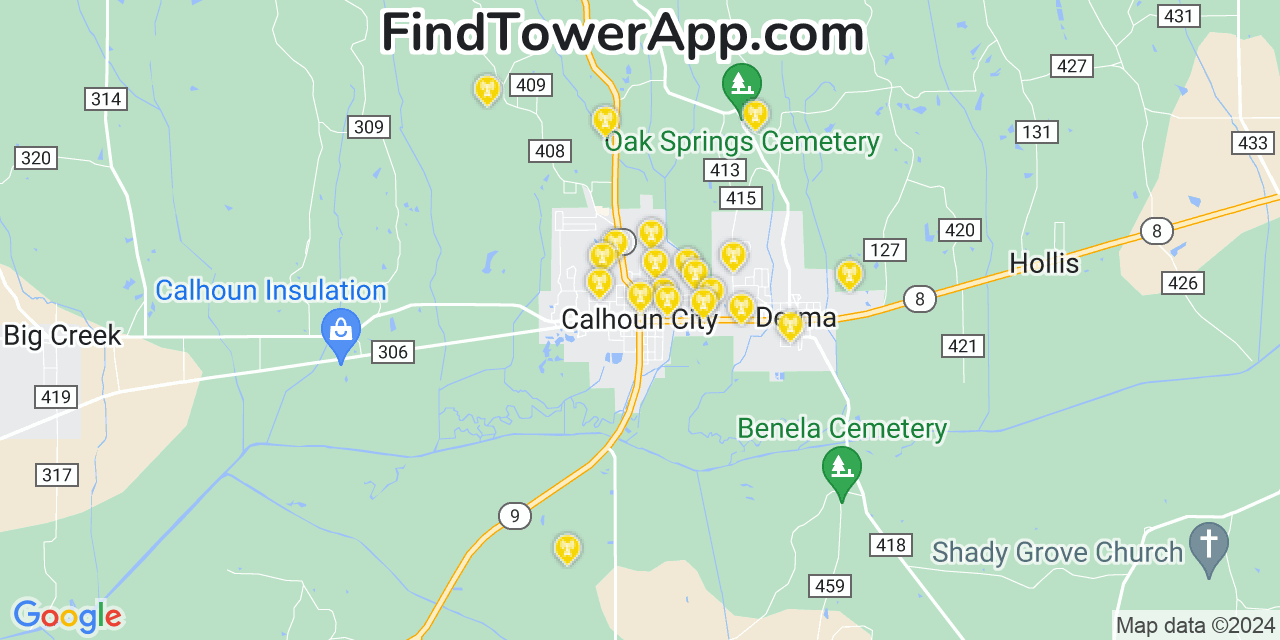 AT&T 4G/5G cell tower coverage map Calhoun City, Mississippi