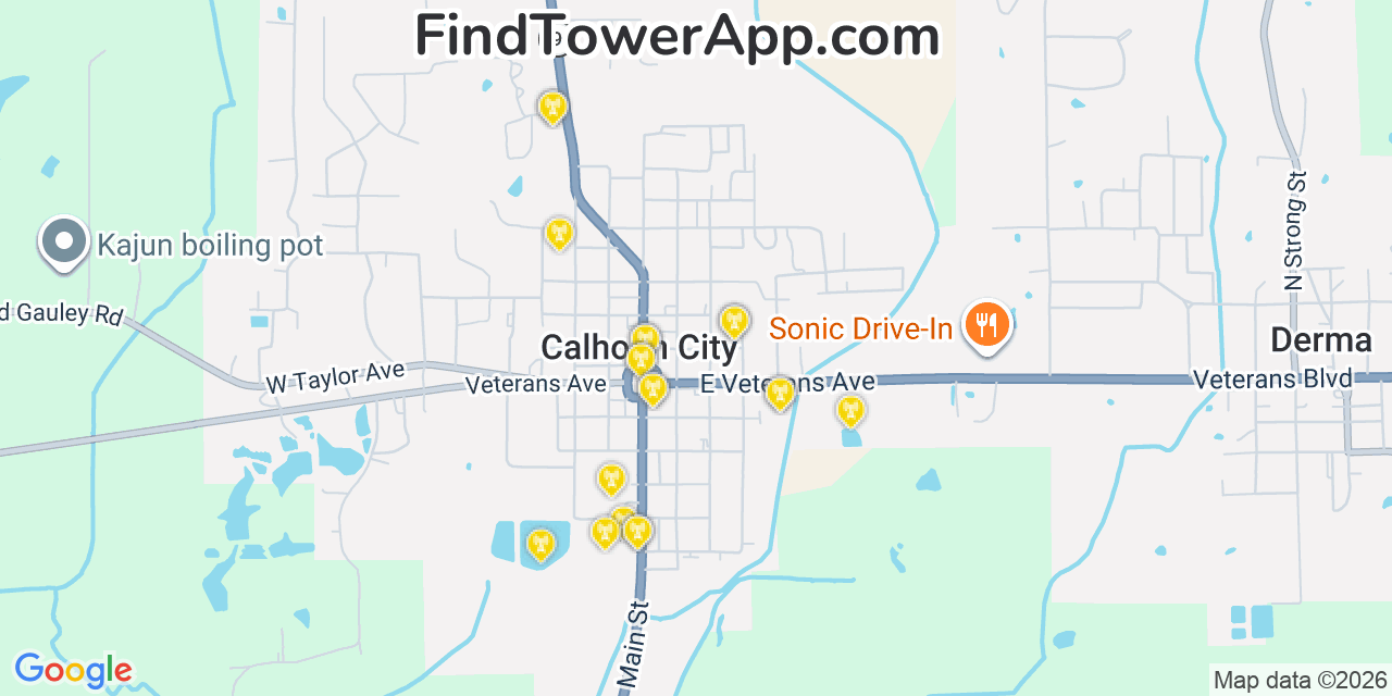 Map showing the 20 primary cell tower locations detected in Calhoun City, Mississippi from AT&T, Verizon, and T-Mobile networks