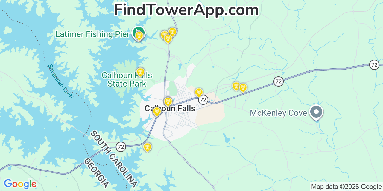 Map showing the 20 primary cell tower locations detected in Calhoun Falls, South Carolina from AT&T, Verizon, and T-Mobile networks