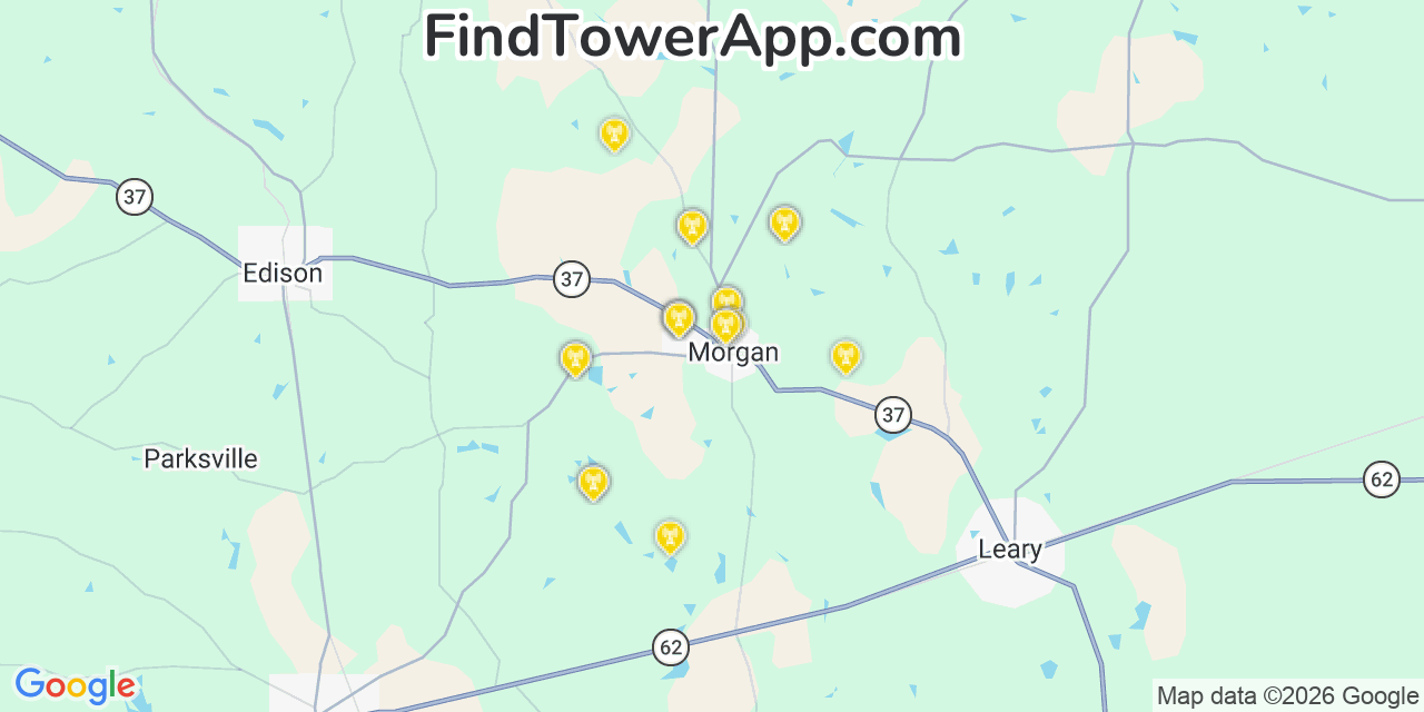 Map showing the 20 primary cell tower locations detected in Calhoun, Georgia from AT&T, Verizon, and T-Mobile networks