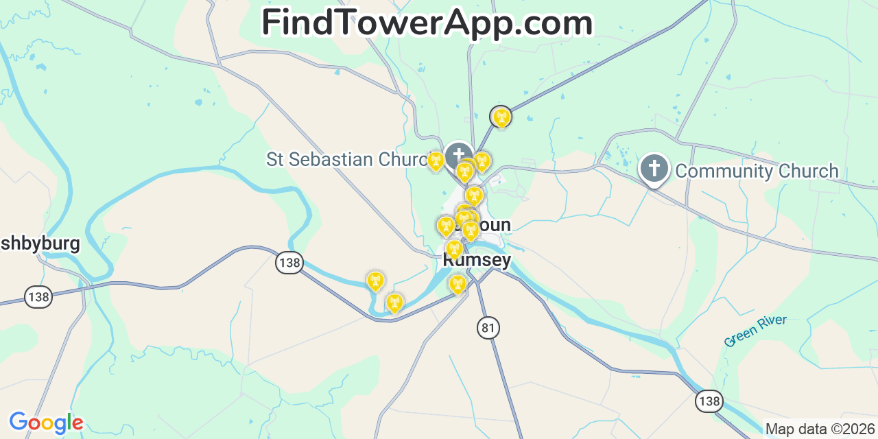 Map showing the 20 primary cell tower locations detected in Calhoun, Kentucky from AT&T, Verizon, and T-Mobile networks