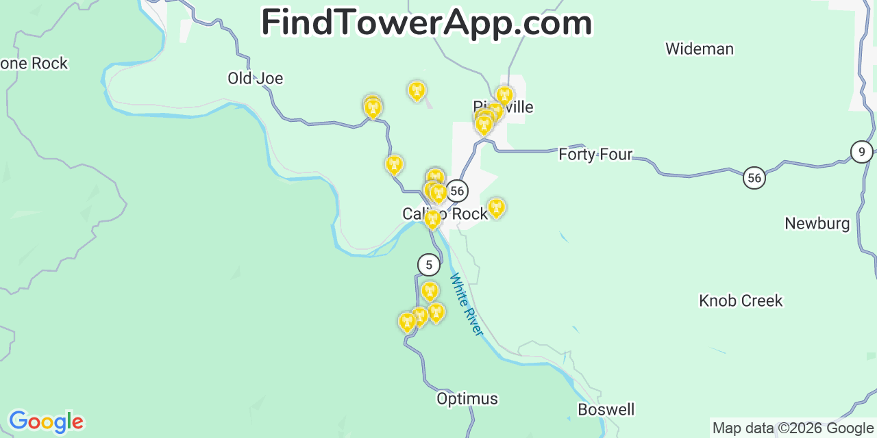 Map showing the 20 primary cell tower locations detected in Calico Rock, Arkansas from AT&T, Verizon, and T-Mobile networks