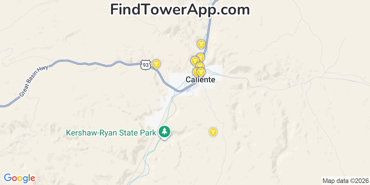 Map showing the 20 primary cell tower locations detected in Caliente, Nevada from AT&T, Verizon, and T-Mobile networks