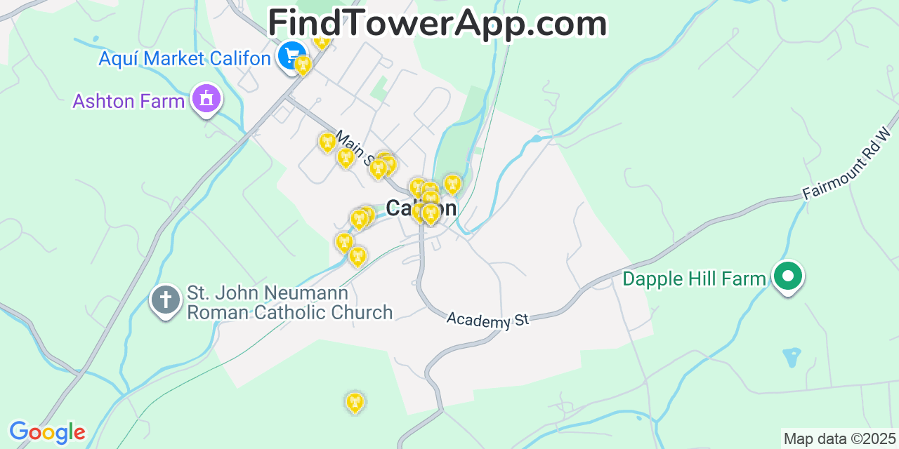 Map showing the 20 primary cell tower locations detected in Califon, New Jersey from AT&T, Verizon, and T-Mobile networks
