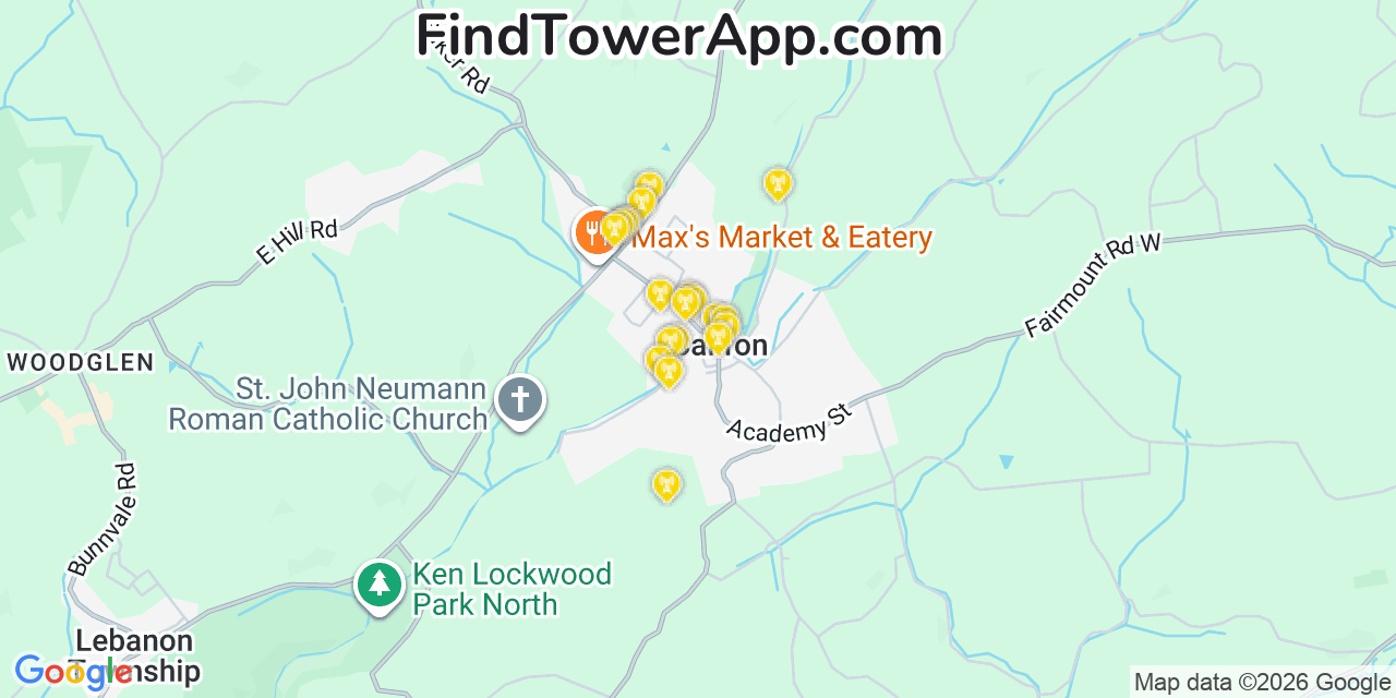 Map showing the 20 primary cell tower locations detected in Califon, New Jersey from AT&T, Verizon, and T-Mobile networks