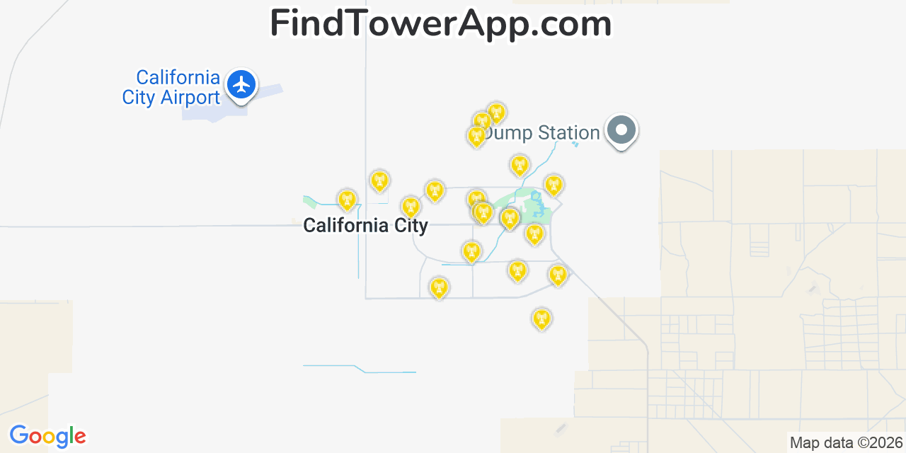Map showing the 20 primary cell tower locations detected in California City, California from AT&T, Verizon, and T-Mobile networks