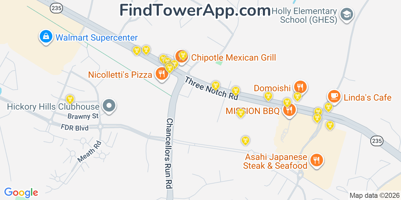 Map showing the 20 primary cell tower locations detected in California, Maryland from AT&T, Verizon, and T-Mobile networks