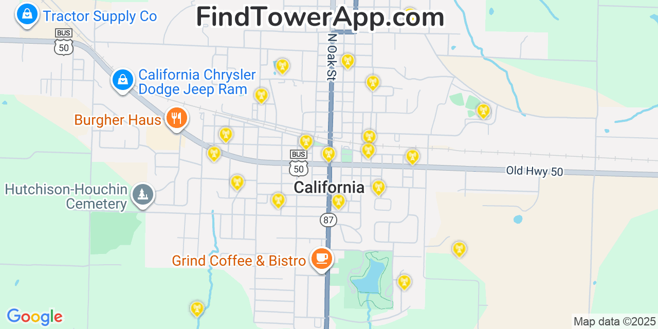 Map showing the 20 primary cell tower locations detected in California, Missouri from AT&T, Verizon, and T-Mobile networks