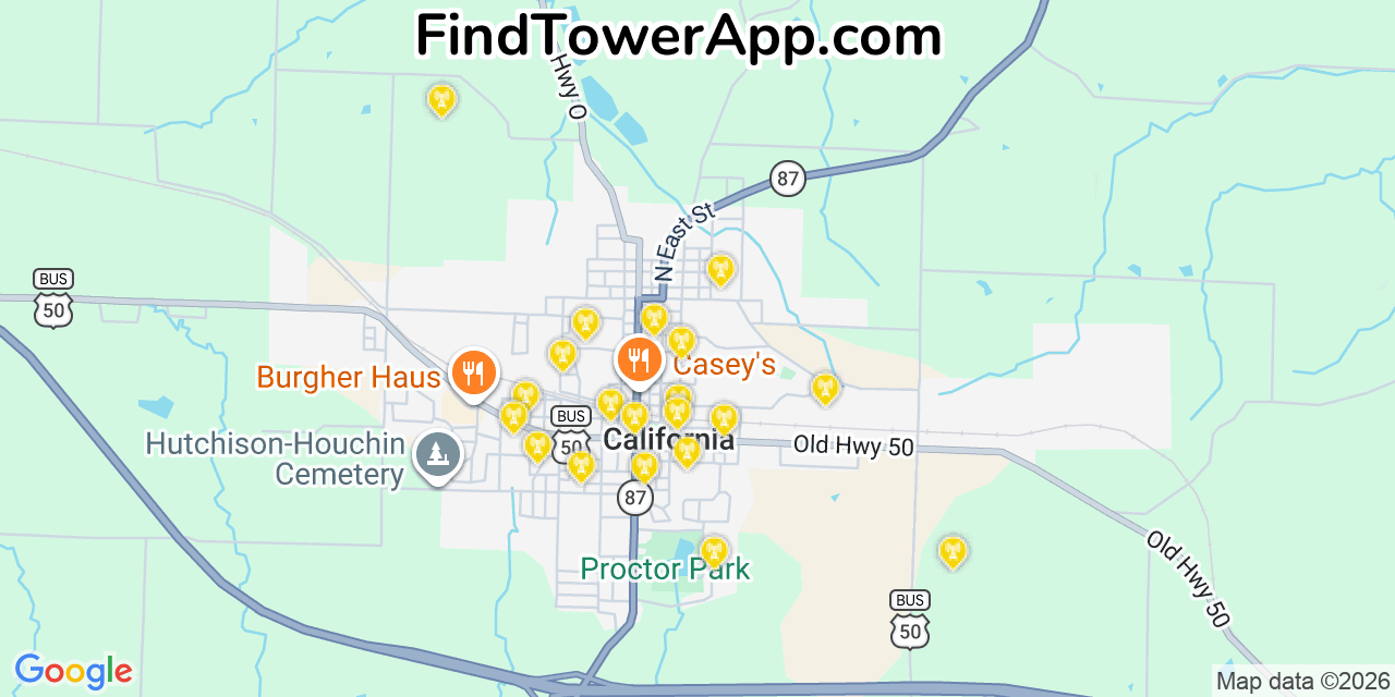 Map showing the 20 primary cell tower locations detected in California, Missouri from AT&T, Verizon, and T-Mobile networks