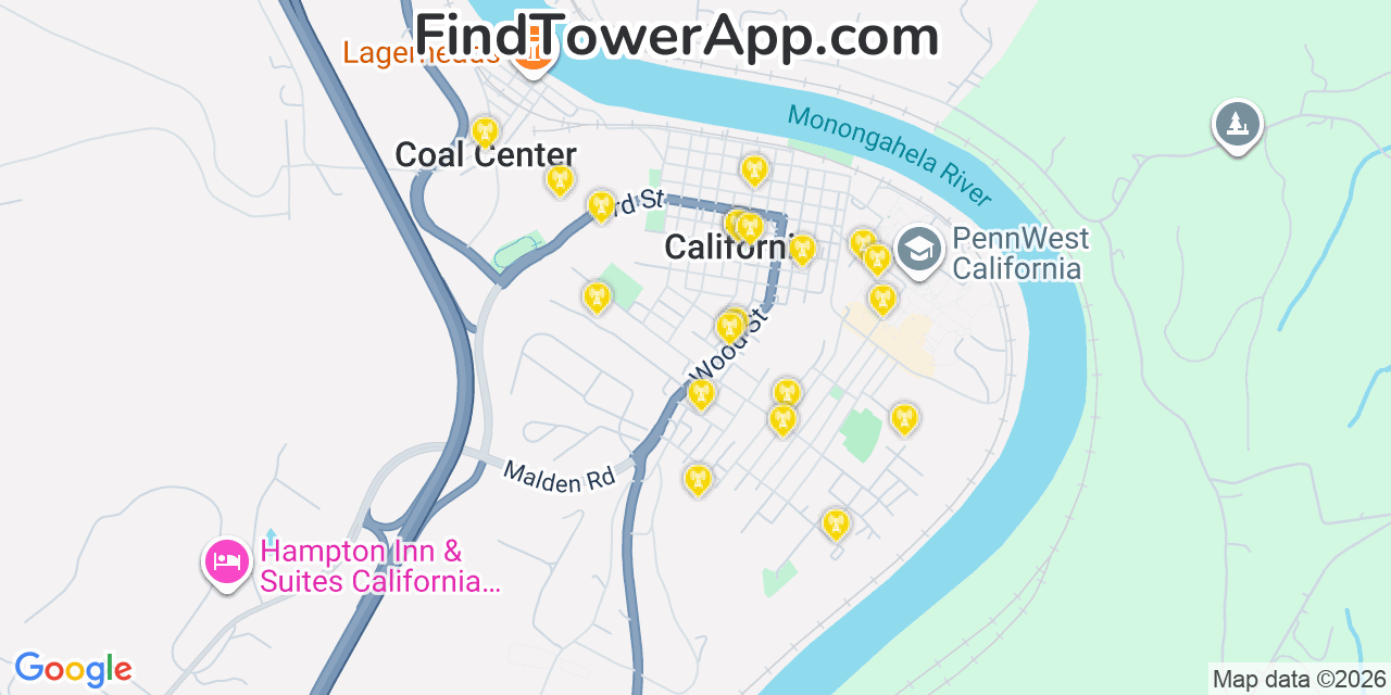 Map showing the 20 primary cell tower locations detected in California, Pennsylvania from AT&T, Verizon, and T-Mobile networks
