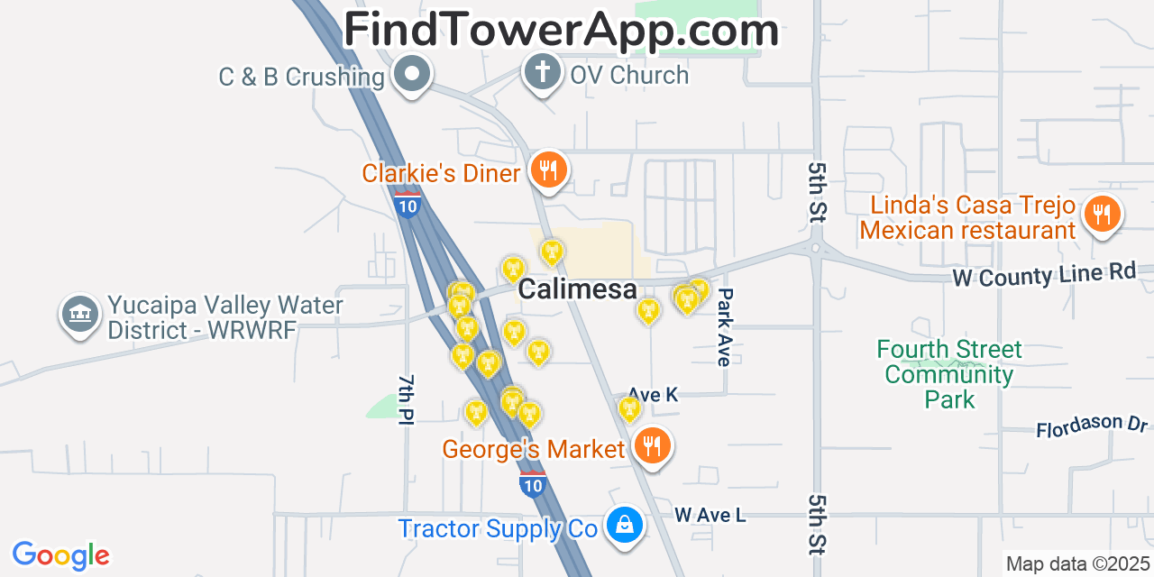 Map showing the 20 primary cell tower locations detected in Calimesa, California from AT&T, Verizon, and T-Mobile networks