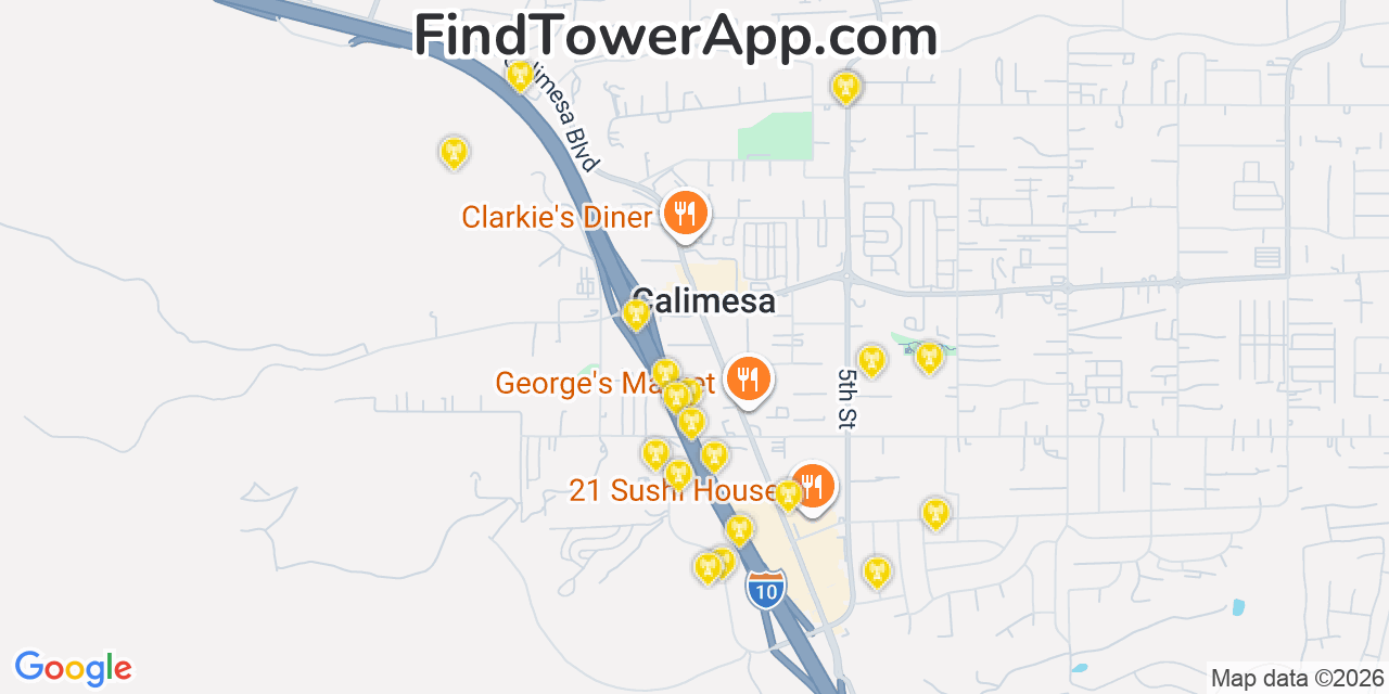 Map showing the 20 primary cell tower locations detected in Calimesa, California from AT&T, Verizon, and T-Mobile networks