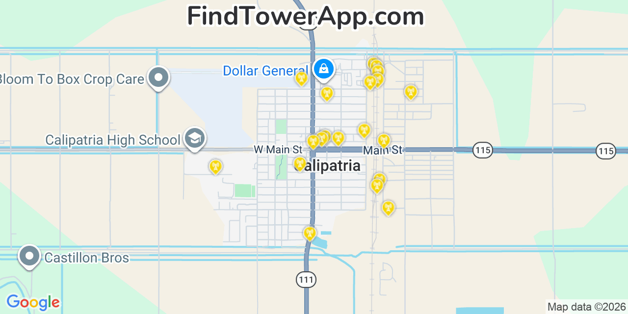Map showing the 20 primary cell tower locations detected in Calipatria, California from AT&T, Verizon, and T-Mobile networks