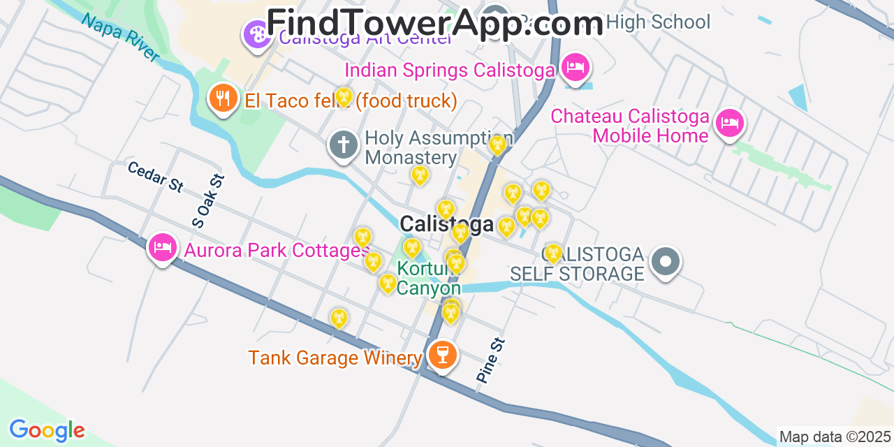 Map showing the 20 primary cell tower locations detected in Calistoga, California from AT&T, Verizon, and T-Mobile networks