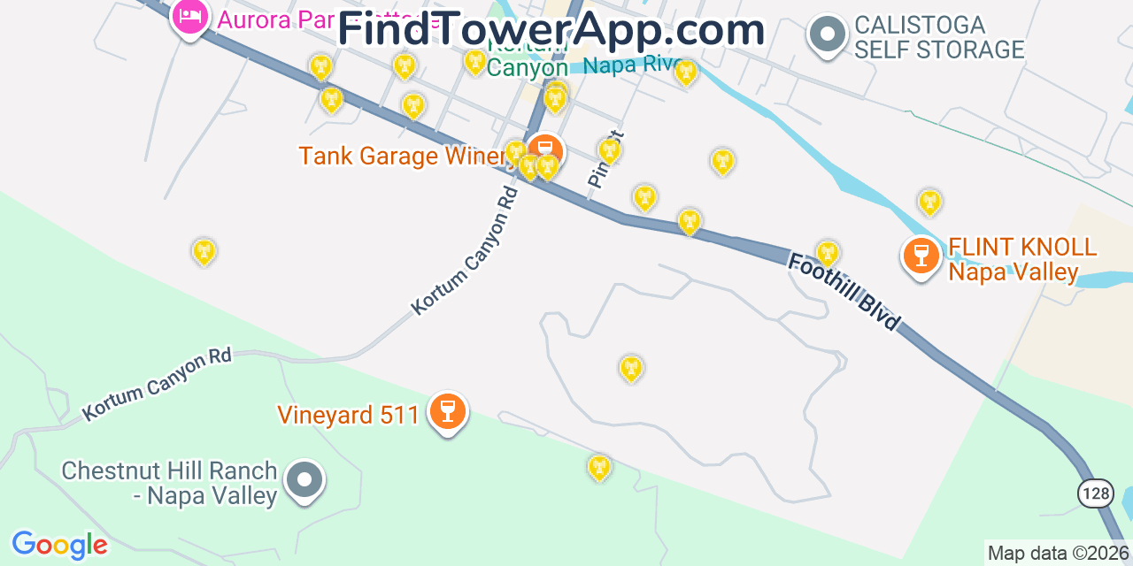Map showing the 20 primary cell tower locations detected in Calistoga, California from AT&T, Verizon, and T-Mobile networks