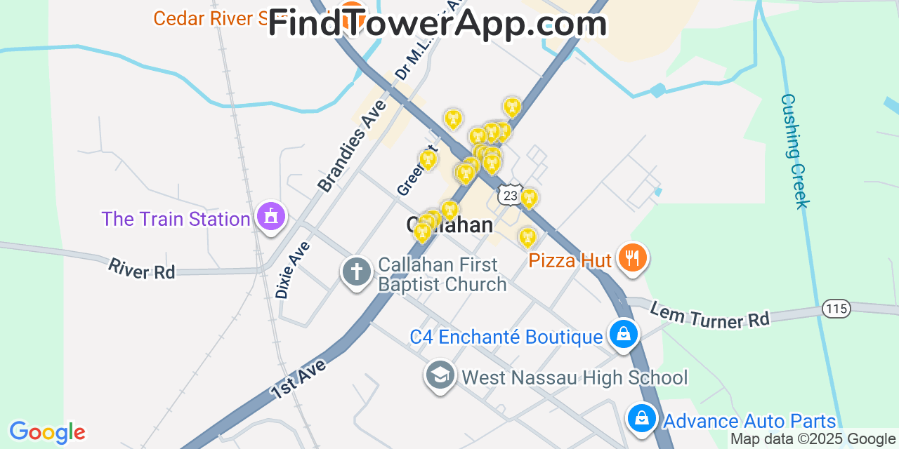 Map showing the 20 primary cell tower locations detected in Callahan, Florida from AT&T, Verizon, and T-Mobile networks