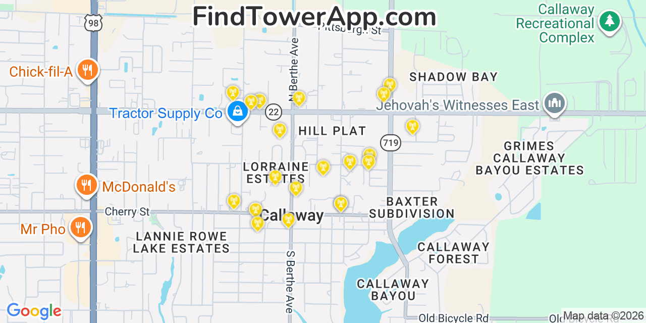Map showing the 20 primary cell tower locations detected in Callaway, Florida from AT&T, Verizon, and T-Mobile networks